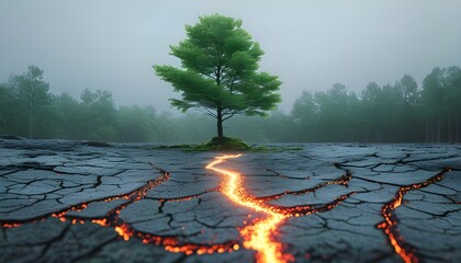 Wall Mural - Resilient green tree thriving on cracked volcanic landscape with a glowing fissure and misty forest backdrop