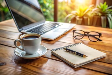 A notebook and pen sit on a wooden table next to a cup of coffee