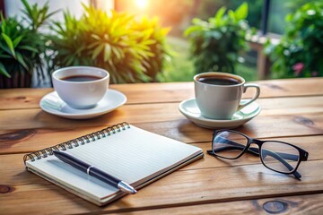 A notebook and pen sit on a wooden table next to a cup of coffee