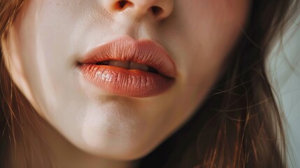 Close-up of a young woman's face highlighting full, glossy lips with soft skin texture, ideal for beauty, skincare, and cosmetics campaigns, perfect for promoting lip care products, makeup brands, and