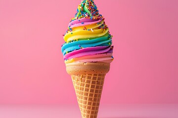 Wall Mural - Rainbow Ice Cream Cone with Sprinkles on Pink Background