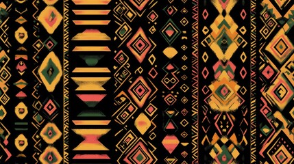 Aztec pattern featuring seamless African print tribal folk ornaments and geometric backdrop Includes folk Mayan print and boho design in an Indian style with black gold pink green and brown colors