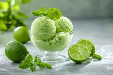 Wall Mural - Lime Ice Cream with Mint Garnish and Lime Slices