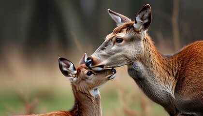 Wall Mural - Tender moment between a Red deer hind and her calf in a serene natural setting