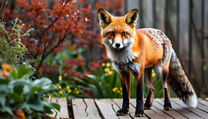 Wall Mural - Fox perched on wooden deck amidst garden greenery