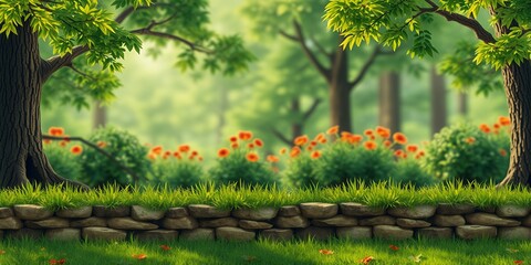 Canvas Print - A stone wall with lush green grass in front of a forest with orange flowers