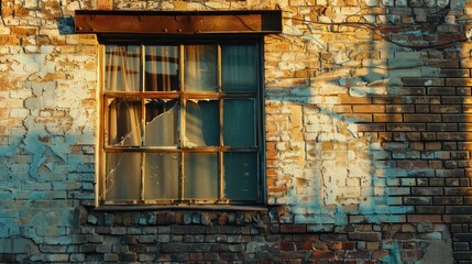 Wall Mural - Close-up view of the brick facade surrounding an old, abandoned window.