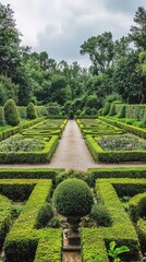 Wall Mural - Lush greenery fills the ornamental garden showcasing symmetrical hedges and quiet paths