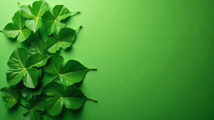 Fresh moringa leaves on green background Top view with copy space