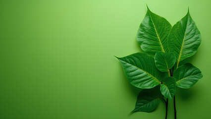Fresh moringa leaves on green background Top view with copy space