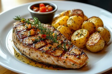 Wall Mural - Grilled Fish Fillet with Roasted Potatoes and Herbs