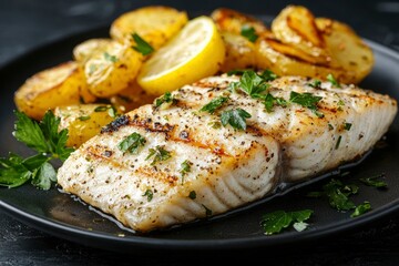 Wall Mural - Grilled Fish with Lemon and Roasted Potatoes