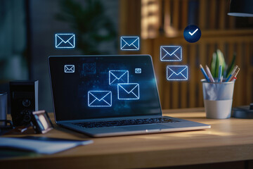 Laptop with glowing email icons representing secure digital communication in a modern office, emphasizing data protection and email security