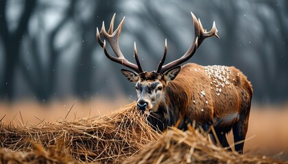 Wall Mural - Winter scene of red deer stag foraging on hay from a snowy haystack