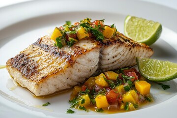 Grilled Fish Fillet with Mango Salsa and Lime Wedges