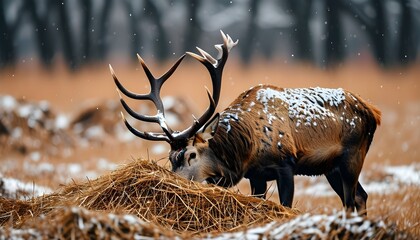 Wall Mural - Winter scene of red deer stag foraging on hay from a snowy haystack