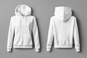 Women's woman's white zip front hoodie mockup front and back zipper closed hood down good style and shape on gray background no people, with copy space