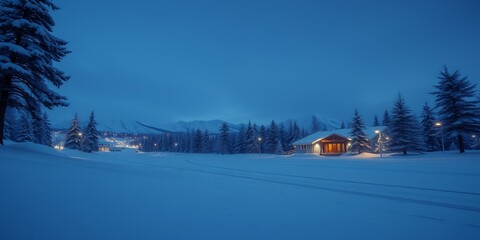 Wall Mural - A cozy cabin glows with warm light against a snowy landscape under a twilight sky.