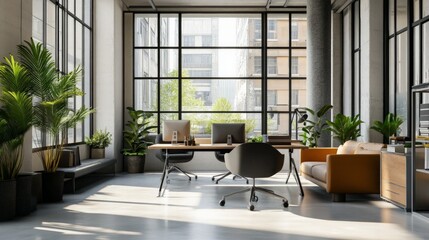 Wall Mural - Stylish office space with large windows, modern furniture, and plenty of natural light.