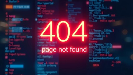 The screensaver is in the form of a bright 404 sign with glowing neon text, the page is not found on a blurred digital background on the computer monitor screen