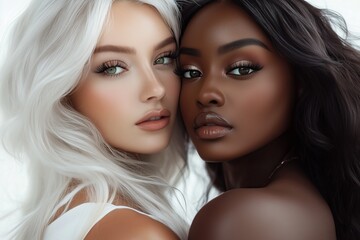 Two women with different skin tones stand close together, looking at the camera