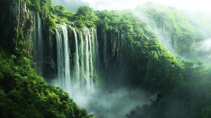 Wall Mural - Waterfall in Lush Green Valley