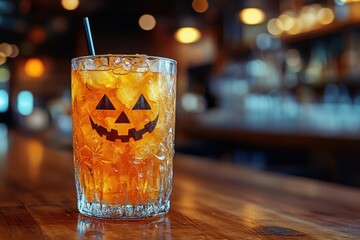 Halloween drink with a jack-o'-lantern face on a glass in a bar.