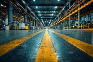 Wall Mural - A Perspective View of a Factory Floor with Yellow Lines