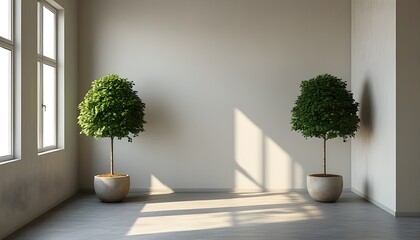 Spacious minimalist room featuring two potted plants and a bright window