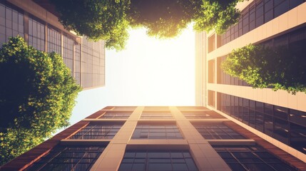 Wall Mural - Towering Skyscrapers at Sunset with Vibrant Greenery