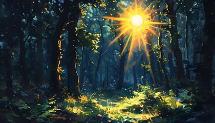 Wall Mural - Sunlit clearing in a shadowy forest creating a striking contrast between darkness and light