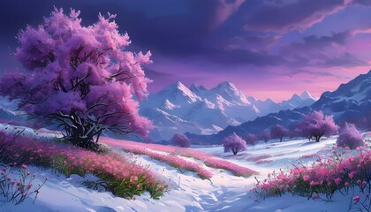 Wall Mural - Serene snowy landscape adorned with vibrant pink flower field under a deep purple sky, complemented by snow-covered mountains in the distance