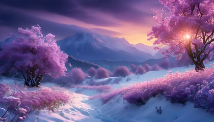 Wall Mural - Serene snowy landscape adorned with vibrant pink flower field under a deep purple sky, complemented by snow-covered mountains in the distance