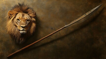 Lion Head and Spear on a Rustic Background