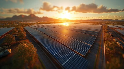 Wall Mural - Aerial View of Solar Panels at Sunset