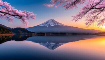 Wall Mural - Breathtaking sunset view of Mount Fuji with cherry blossoms in full bloom mirroring on calm waters