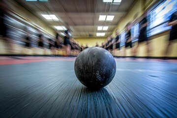 A Black Medicine Ball in a Gym with Blurry Background