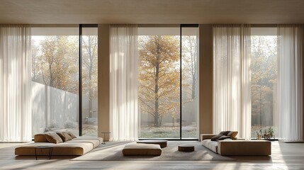 Wall Mural - Modern living room with large windows and autumn view