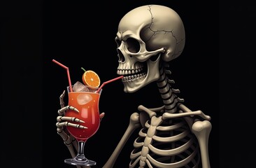 a skeleton drinks holds a Halloween cocktail. A creepy glass for Gothic celebrations and parties. red alcoholic drink. An invitation to a Halloween party. Advertising a bar for Halloween