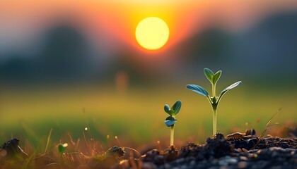 Poster - Serene sunset over a peaceful field with two small plants thriving in a natural setting