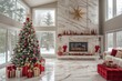 © kardaska - Modern living room decorated for christmas with a large christmas tree and a fireplace