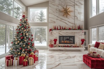 Modern living room decorated for christmas with a large christmas tree and a fireplace