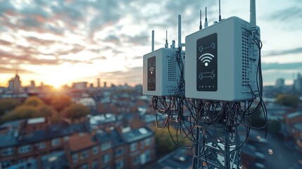 Poster - Cell Tower on Rooftop with Sunset Skyline