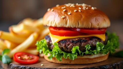 A juicy cheeseburger topped with fresh lettuce and tomato, served on a golden bun. The vibrant colors and mouthwatering ingredients make it a classic choice for any fast food or dining design.