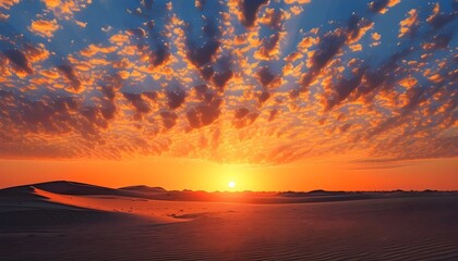 Serene desert landscape under a stunning sunset, with warm orange hues illuminating the clouds and earth in a tranquil atmosphere