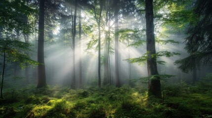 Poster - Sunbeams Illuminating a Misty Forest