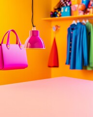 Aufkleber - Bright Vibrant Pink and Yellow Tabletop with Fashion Accessories Blurred Background - Ideal for Product Display