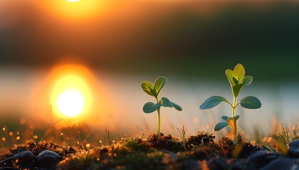 Canvas Print - Serene sunset over a peaceful field with two small plants thriving in a natural setting