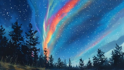 Wall Mural - Colorful aurora dancing under a starry sky with serene trees silhouetted against the stunning blue backdrop