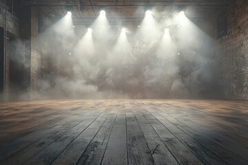 Poster - Spotlight Illuminates Empty Stage with Smoke and Wooden Floor